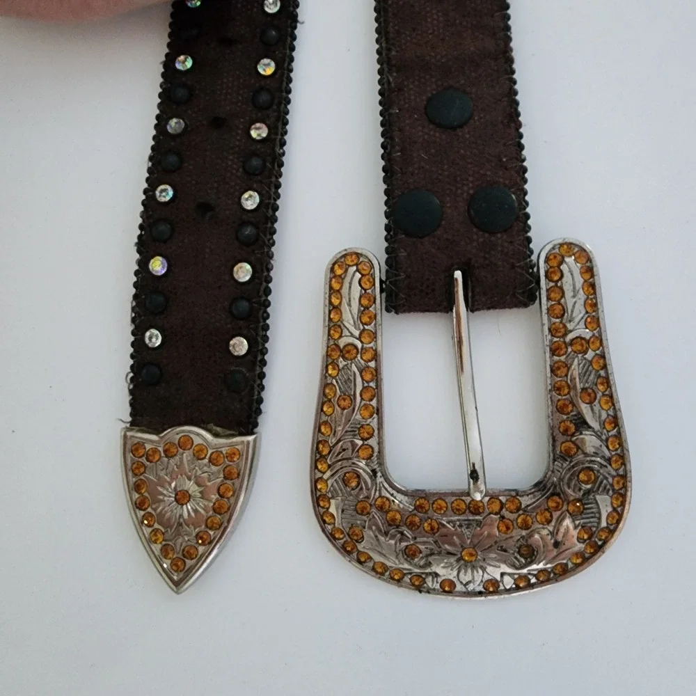 Brown Leather Rhinestone‎ Studded Belt Diamond Square Bling Western Large 34-39